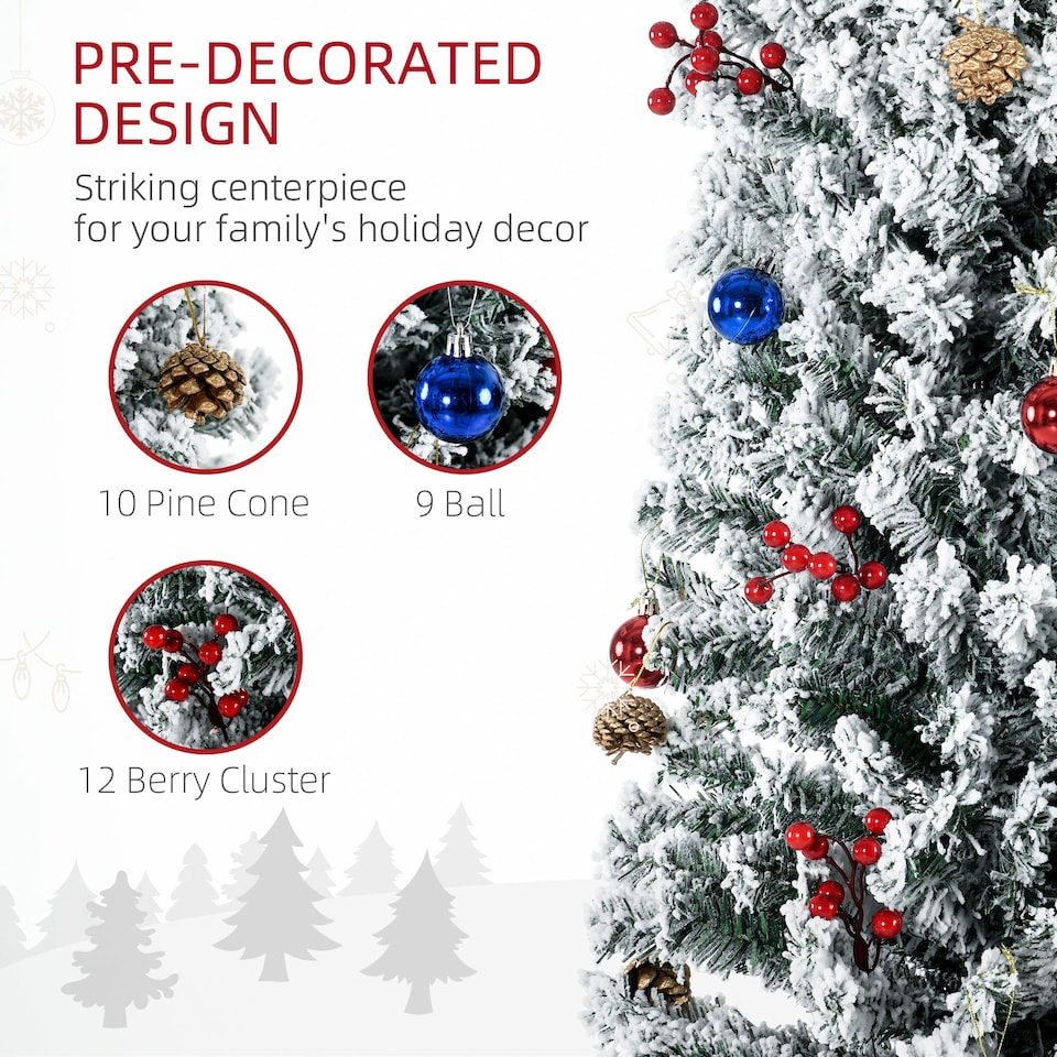 image 1 of HOMCOM 7ft Pre Lit Artificial Christmas Tree Holiday Decor with 250 Colourful LED Lights and 592 Snow Flocked Tips, Pine Cone, Berry, Ball Tree Decoration