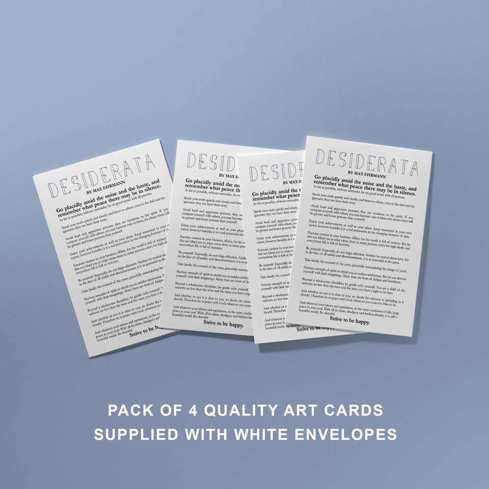 image 1 of Desiderata Poem Typography Art Cards Pack of 4 Max Ehrmann Greeting Cards
