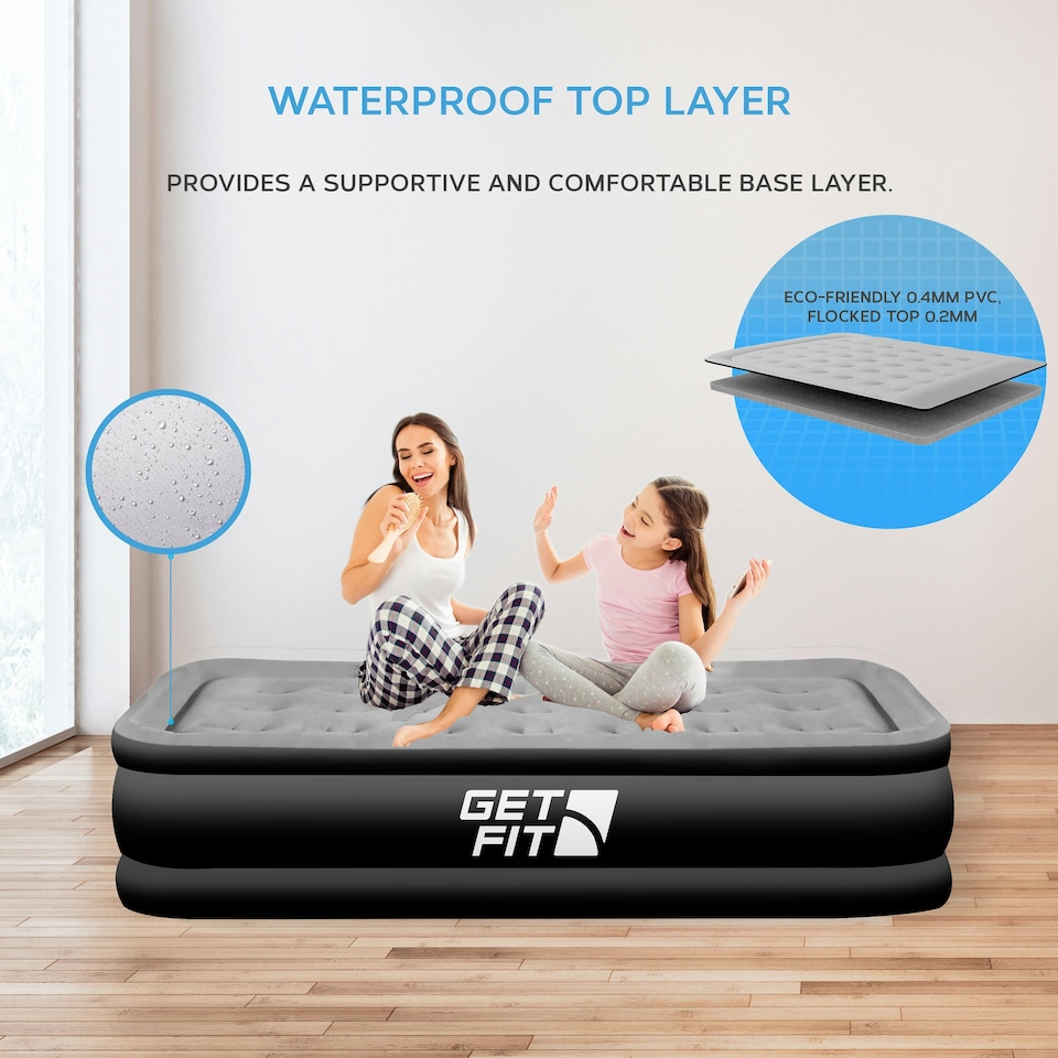image 1 of Get Fit Air Bed with Built In Electric Pump - Premium Single Size - Blow Up Bed with Free Pillow - Elevated Inflatable Air Mattress for Outdoor - Black/Grey