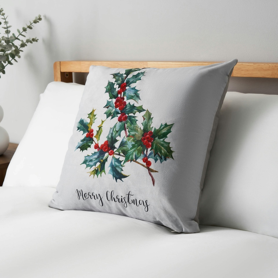 image 1 of BHS Christmas Holly Print Cushion, Green
