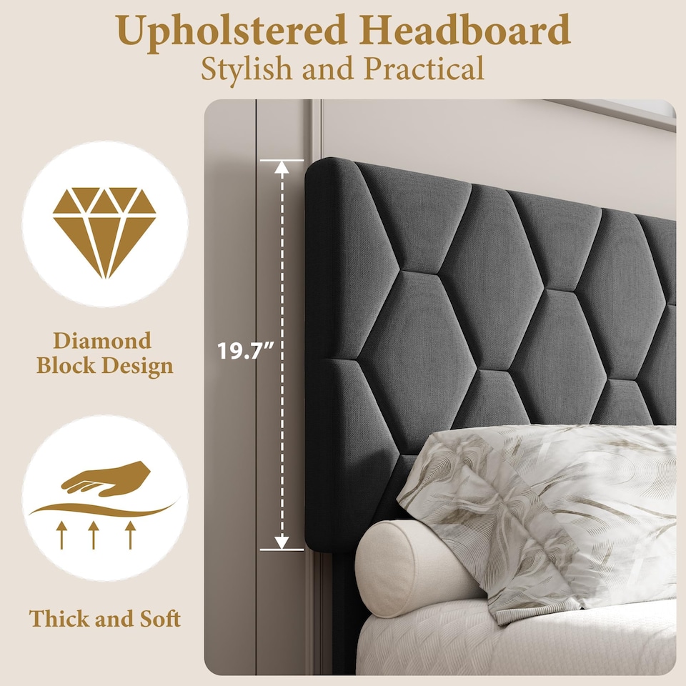 image 1 of London Boutique Upholstered Bed Frame with Adjustable Diamond Tufted Headboard, Wooden Slats Support, Grey/Double, 135 x 190 cm