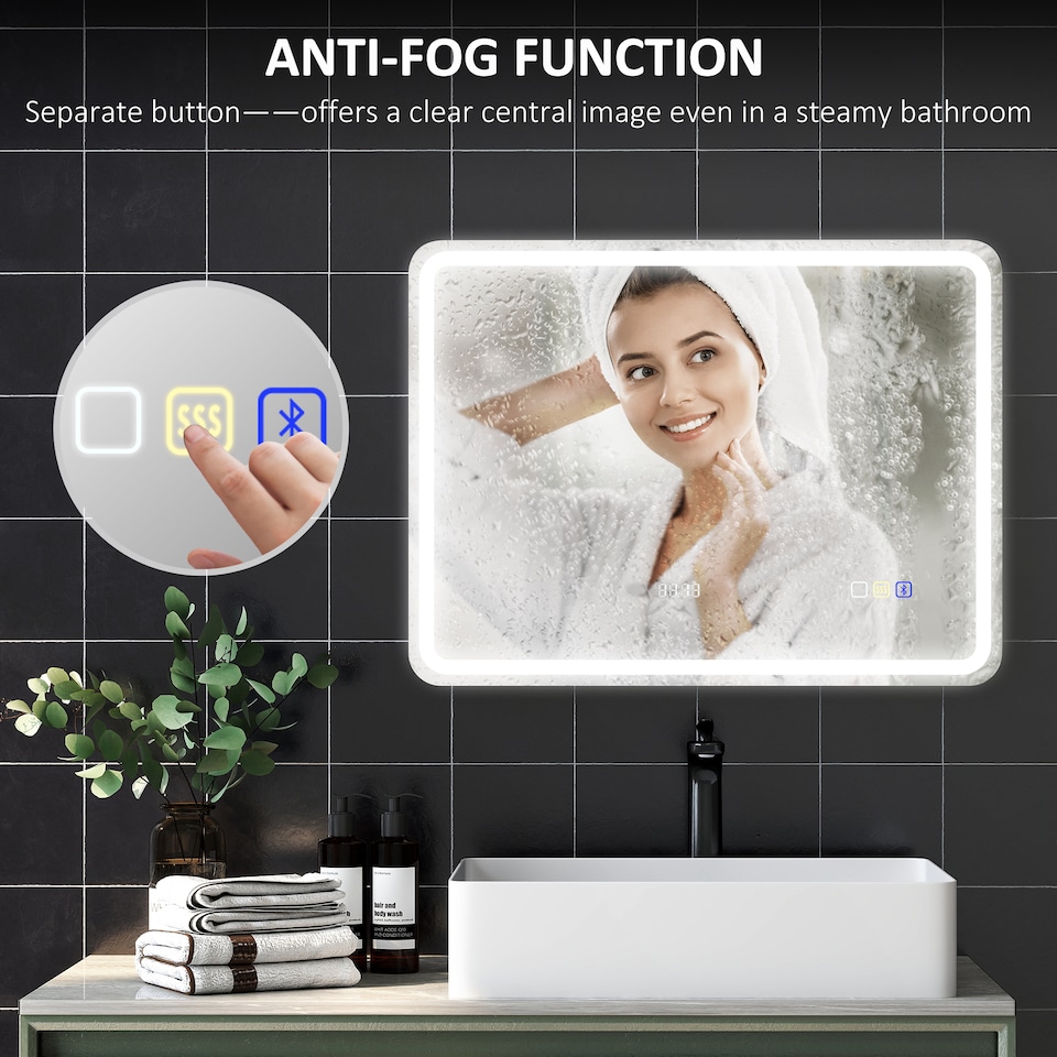 image 1 of HOMCOM 600  800 mm Bluetooth Bathroom Mirror with LED Lights, Illuminated Backlit Wall Mounted Vanity Mirror with 3 Colours Dimmable, Clock, Anti-Fog, Memory Touch Switch, IP44 | Silver | 1