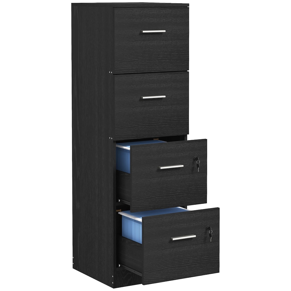 image 1 of HOMCOM File Cabinet with 4 Drawers for Home Office, Vertical Filing Cabinet with Lock, Adjustable Hanging Bar for A4 and Letter Size, Black Wood Effect