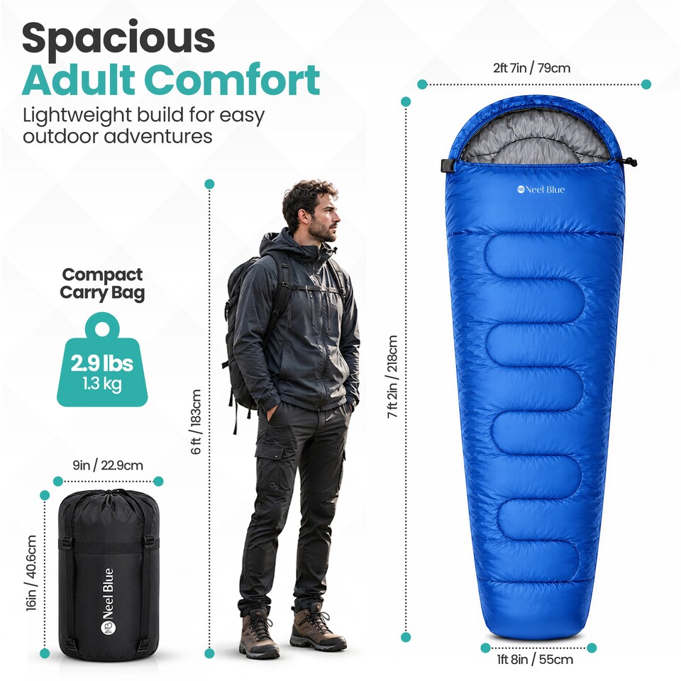 image 1 of 350GSM Mummy Waterproof Sleeping Bag with Hood, 6ft Adults - 3-4 Season