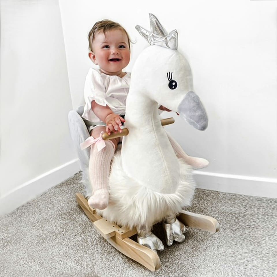 image 1 of HOMCOM Cute Kids Ride-On Rocking Swan w/ Sound Handlebars Seat Belt Plush Body