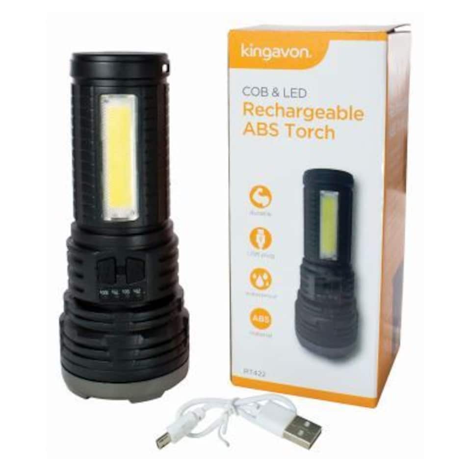 Kingavon Rechargeable Plastic Torch with Work Light - 2W + 1W COB - Black