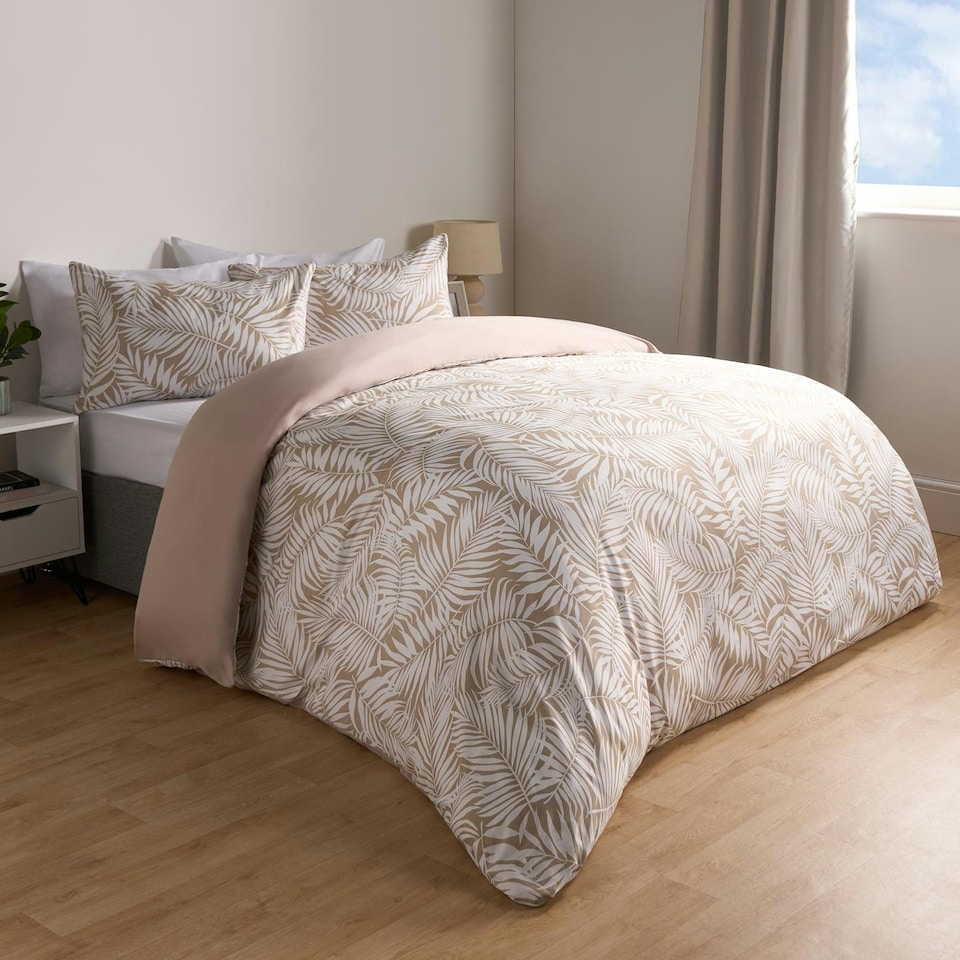 image 1 of OHS Tropical Leaf Print Reversible Plain Duvet Quilt Cover Bedding Set, King - Natural/White