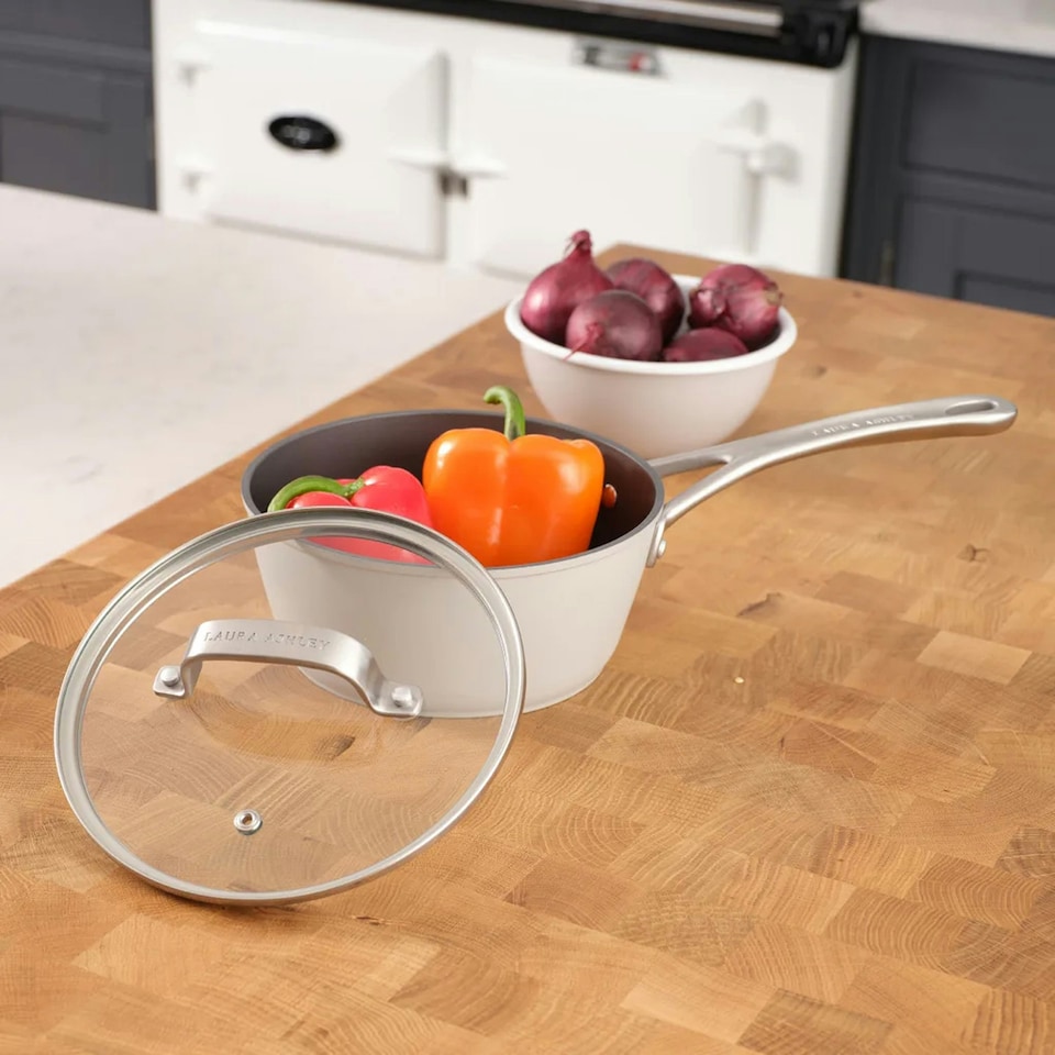 image 1 of Laura Ashley Forged Aluminium Non-stick Saucepan with Glass Lid 18cm - Dark Dove Grey Grey