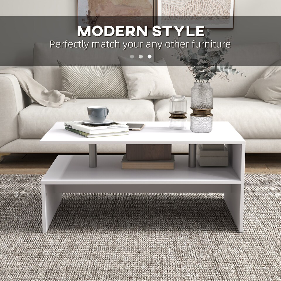 image 1 of HOMCOM Coffee Table with Storage, 2-Tier Centre Table, Modern Living Room Table with Open Shelf and Aluminium Poles, White | White