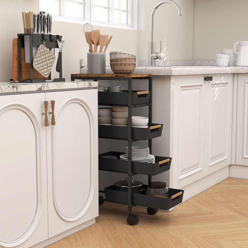 image 1 of HOMCOM Kitchen Storage Trolley Mobile Utility Cart for Kitchen Office Black | Black