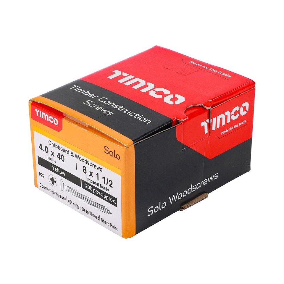 image 1 of Timco - Solo Chipboard & Woodscrews - PZ - Double Countersunk - Yellow (Size 4.0 x 40 - 200 Pieces)