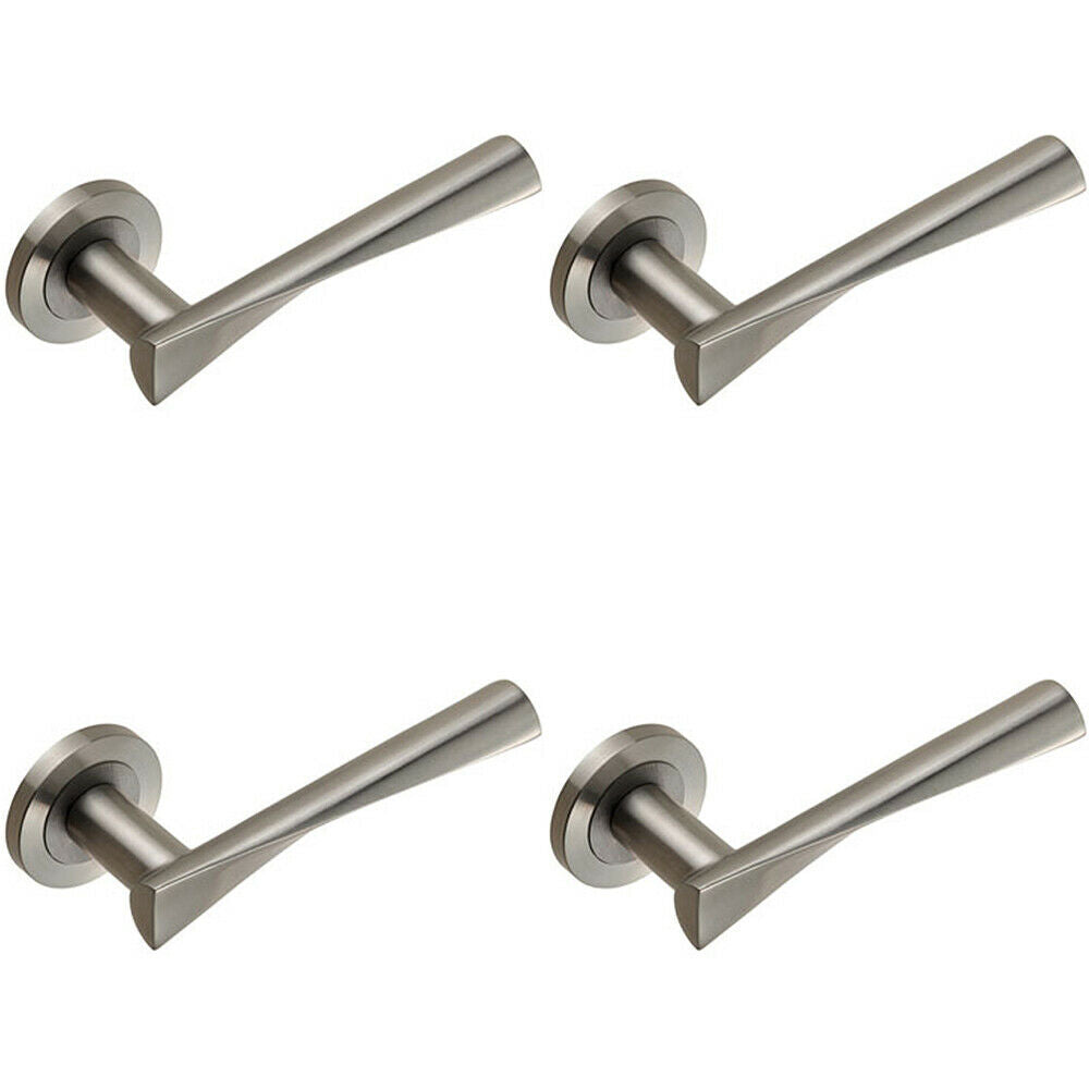 4x PAIR Angular Twisted Lever on Round Rose Concealed Fix Satin Stainless Steel