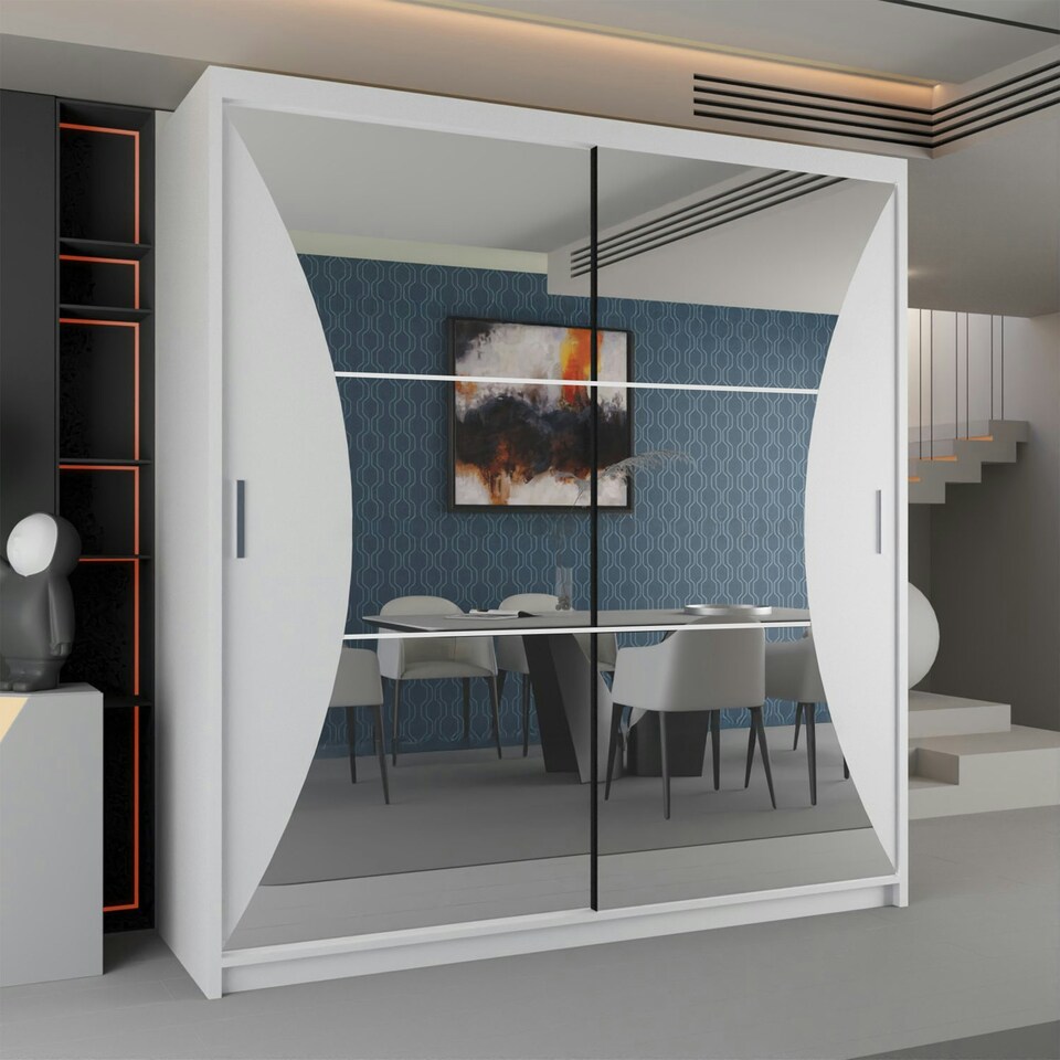 image 1 of Sleek Sliding Wardrobe 203cm with Curved Mirror Design | White, Black, Grey Finish White | White203cm 