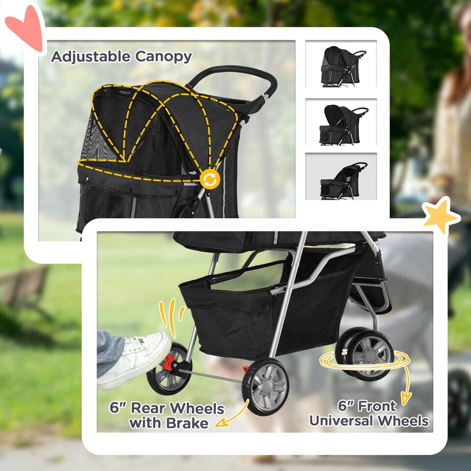 image 1 of PawHut Pet Stroller Pushchair Carrier for Cat Puppy with 3 Wheels Black