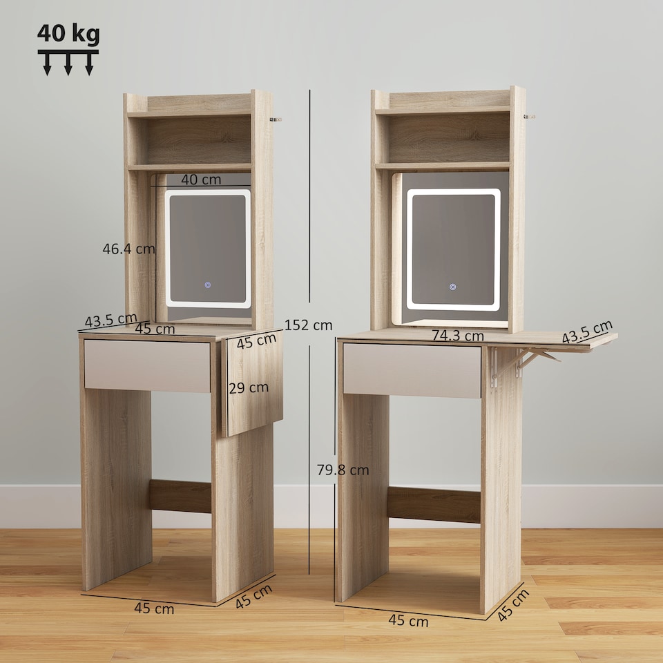 image 1 of HOMCOM Compact Dressing Table with Lighted Mirror Open Shelves Drawer | Brown