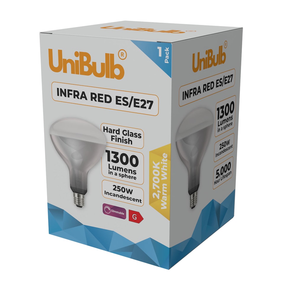 image 1 of UniBulb Infra-Red Heater Lamp Light Bulb E27 1300lm 250W 2700K - Pack of 1 | Clear | Infra Red | 1
