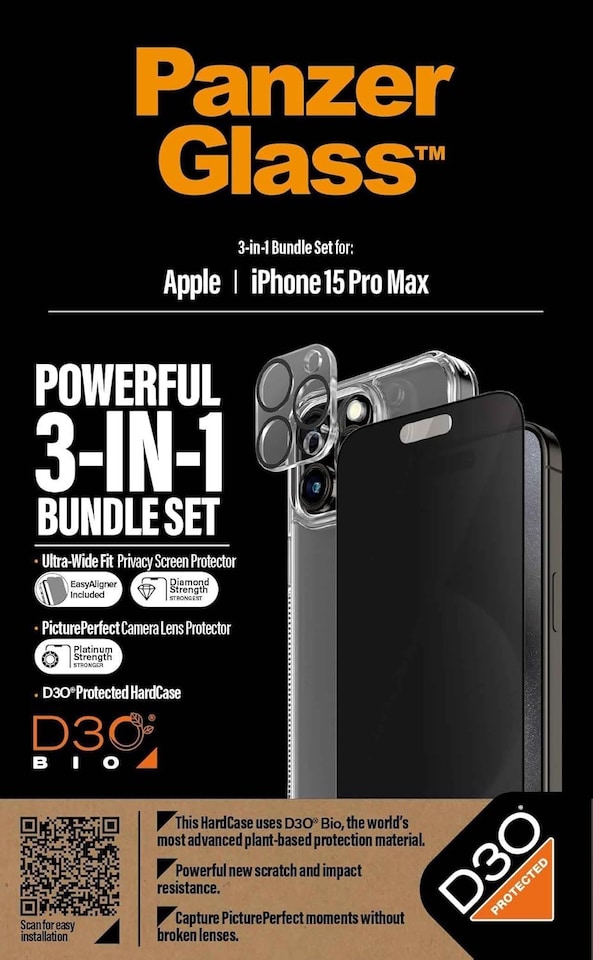 image 1 of Panzer Glass Privacy Powerful 3 in 1 Bundle Pack for iPhone 15 Pro Max 6.7 - B1175+P2812