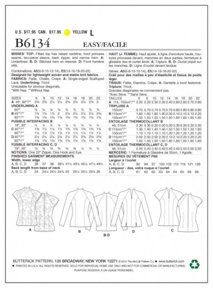image 1 of Butterick 6134 Paper Sewing Pattern – Women’s Top, UK Sizes 14–16–18–20–22, Easy