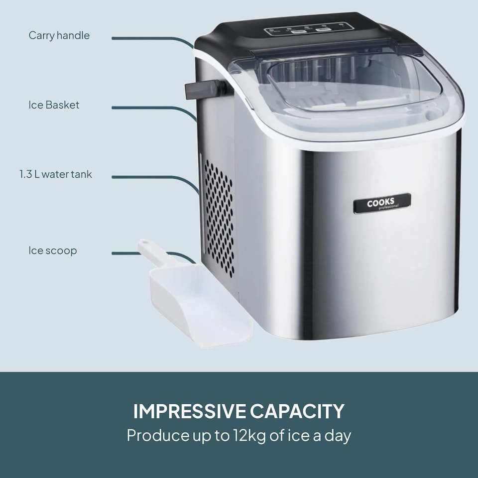 image 1 of Cooks Professional Ice Maker Machine with Scoop & 1.3L Tank - Makes 12KG Per Day | Copper