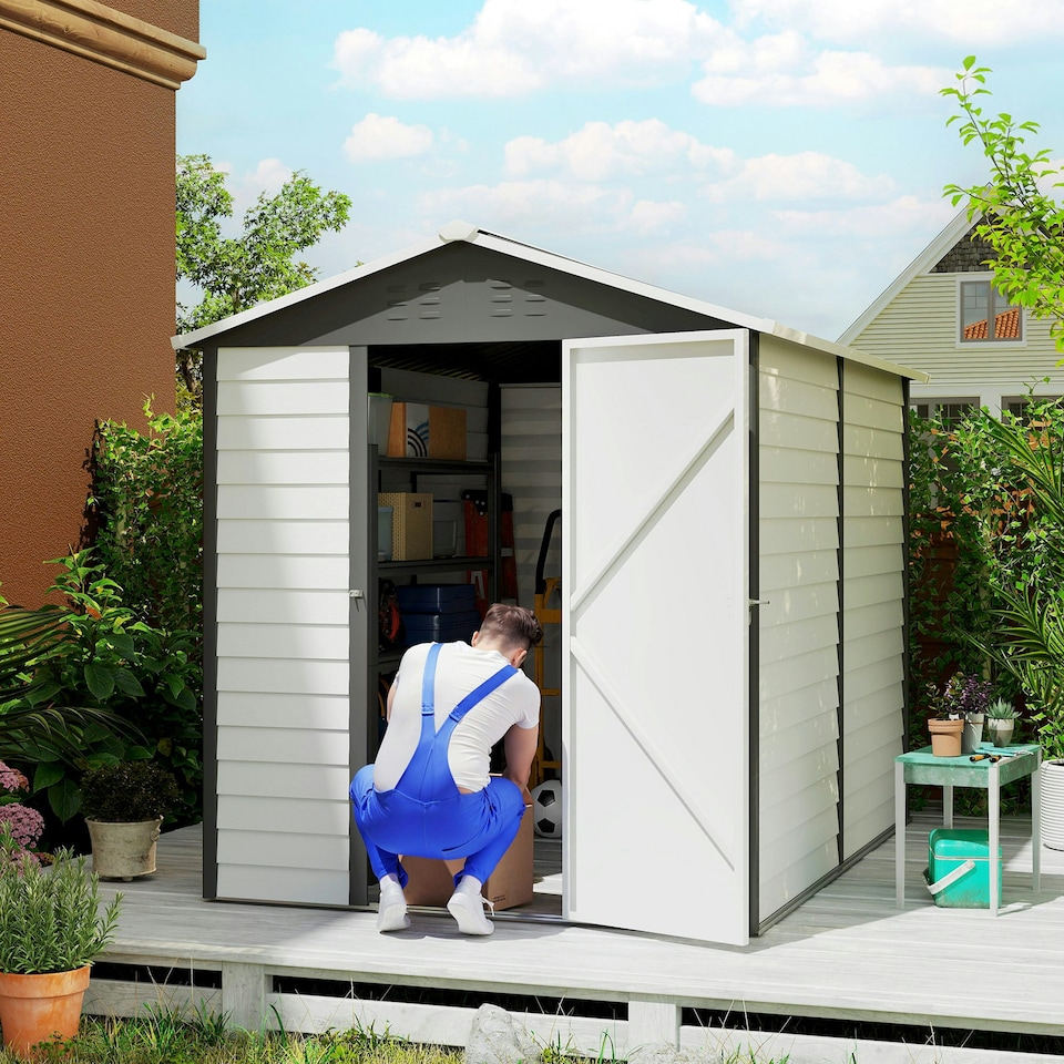 image 1 of Outsunny 9'x6' Galvanised Metal Garden Shed Tool Storage Shed for Patio Grey
