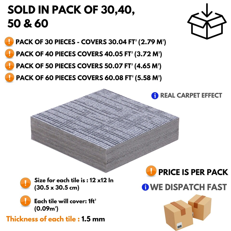 image 1 of NOVECRAFTO Peel & Stick Floor Tiles – Grey Carpet Effect, 12x12in (30.5x30.5cm), Self Adhesive, Durable, Easy Clean, Carpet Imitation Style Grey | 4.65 sqm