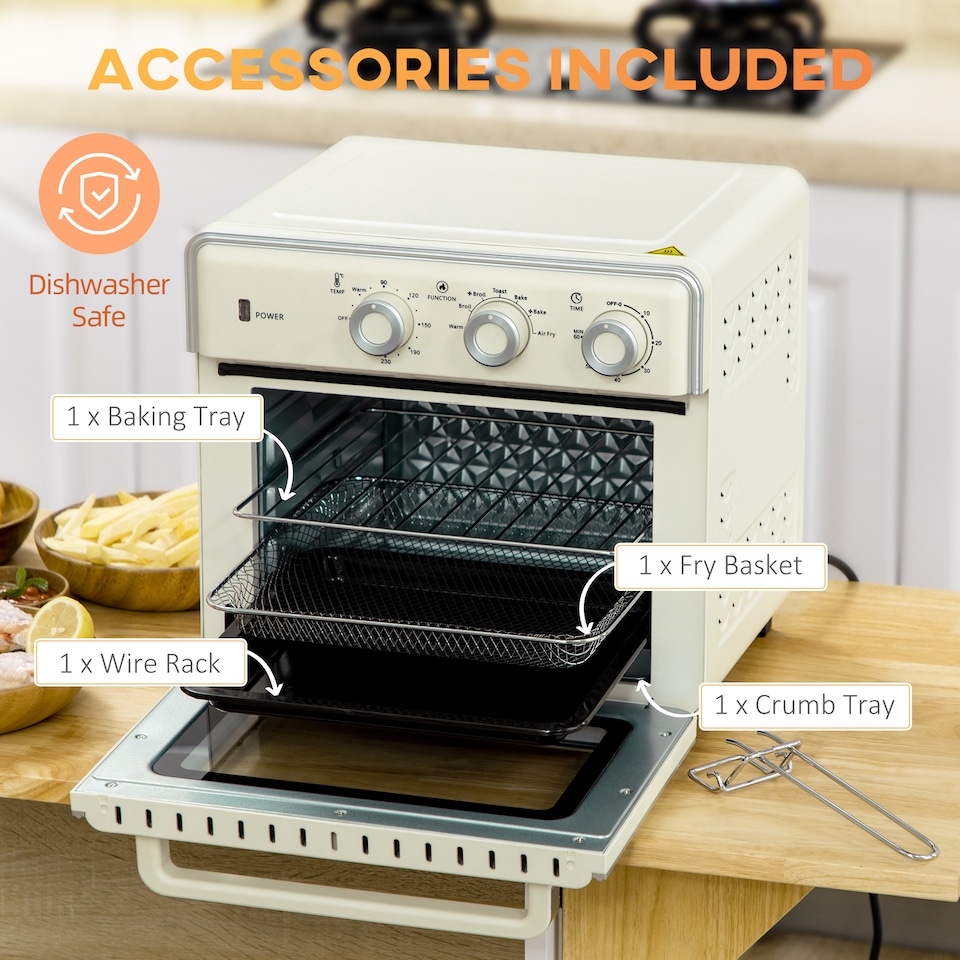 image 1 of HOMCOM 20L Countertop Mini Oven, 7-in-1 Toaster Oven with Warm, Broil, Toast, Bake, Air Fryer Setting, Timer, Adjustable Thermostat, 4 Dishwasher Safe Accessories, 1400W, Cream White