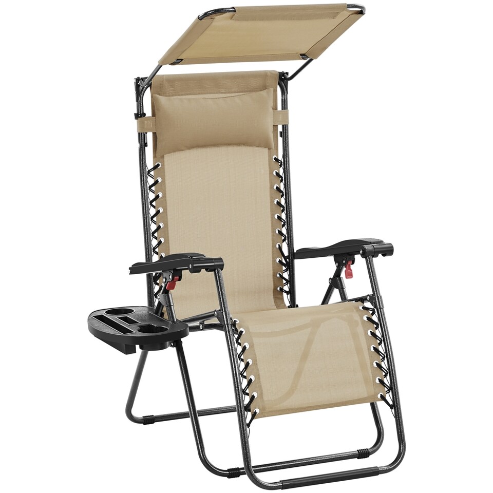 image 1 of Yaheetech 62.5 cm W Foldable Reclining Lounge Chair with Cupholder and Pillow-Beige | Cream | Beige | One Size | 1