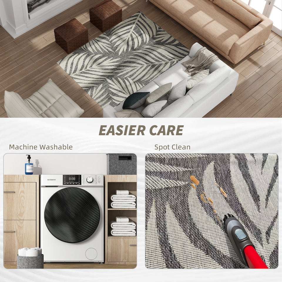 image 1 of HOMCOM UV Resistant Area Rug, Easy-Clean Machine Washable Indoor & Outdoor Rug for Kitchen, Bathroom or Living Room, Patio, Garden, 170 120 cm, Grey | Grey | White | 1