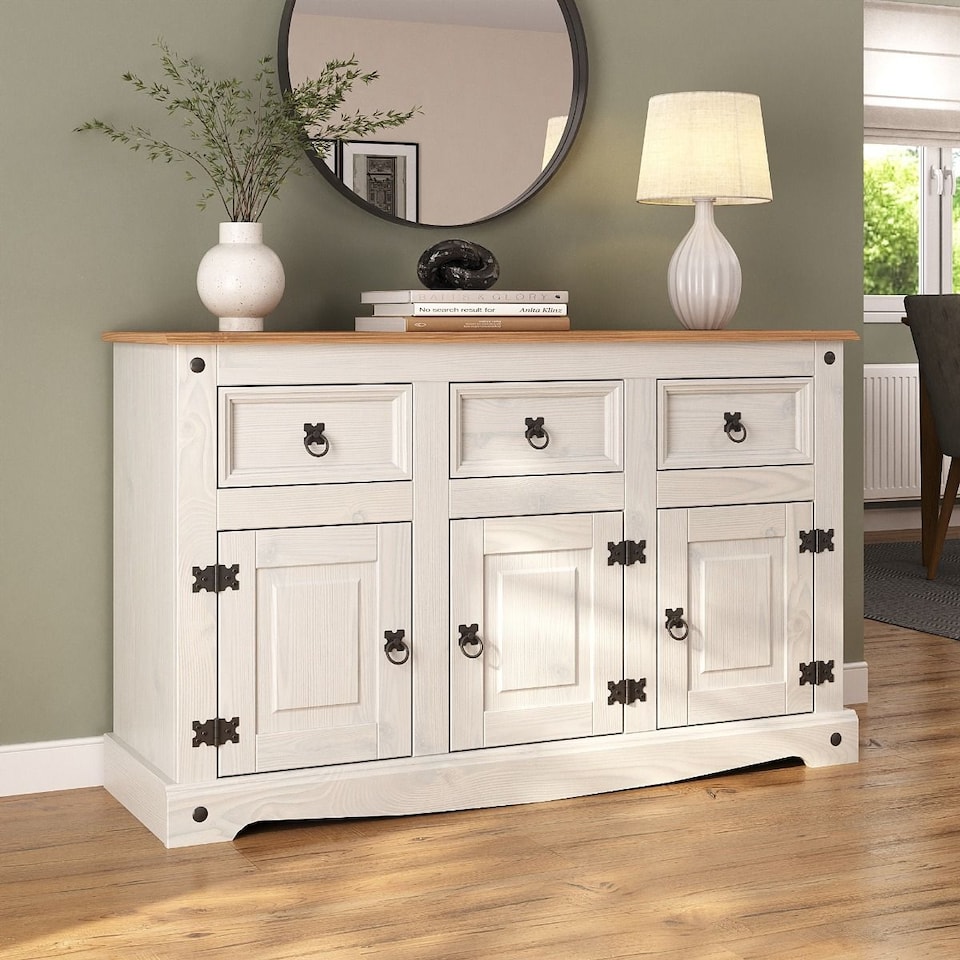 image 1 of Corona Sideboard White 3 Door 3 Drawer Mexican Solid Pine Wood
