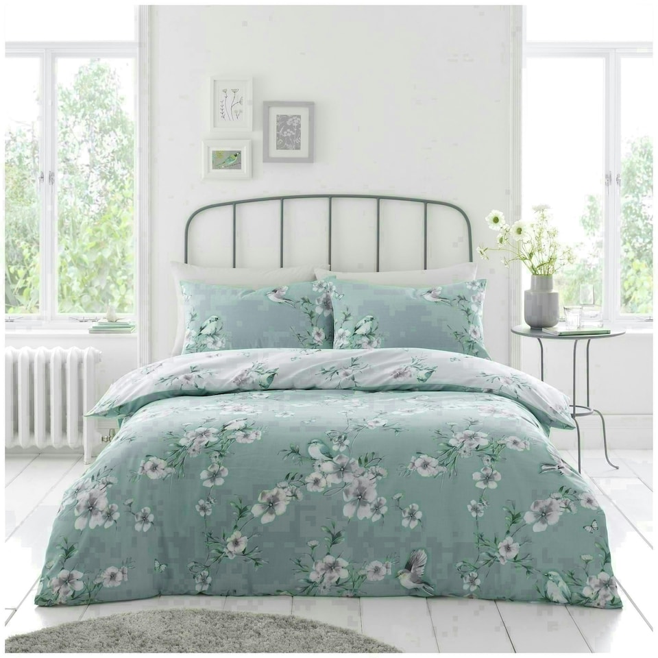 image 1 of VELVETIO Birdie Blossom Printed Duvet Cover Set Reversible Polycotton Beddings Blue | Duck Egg | Single