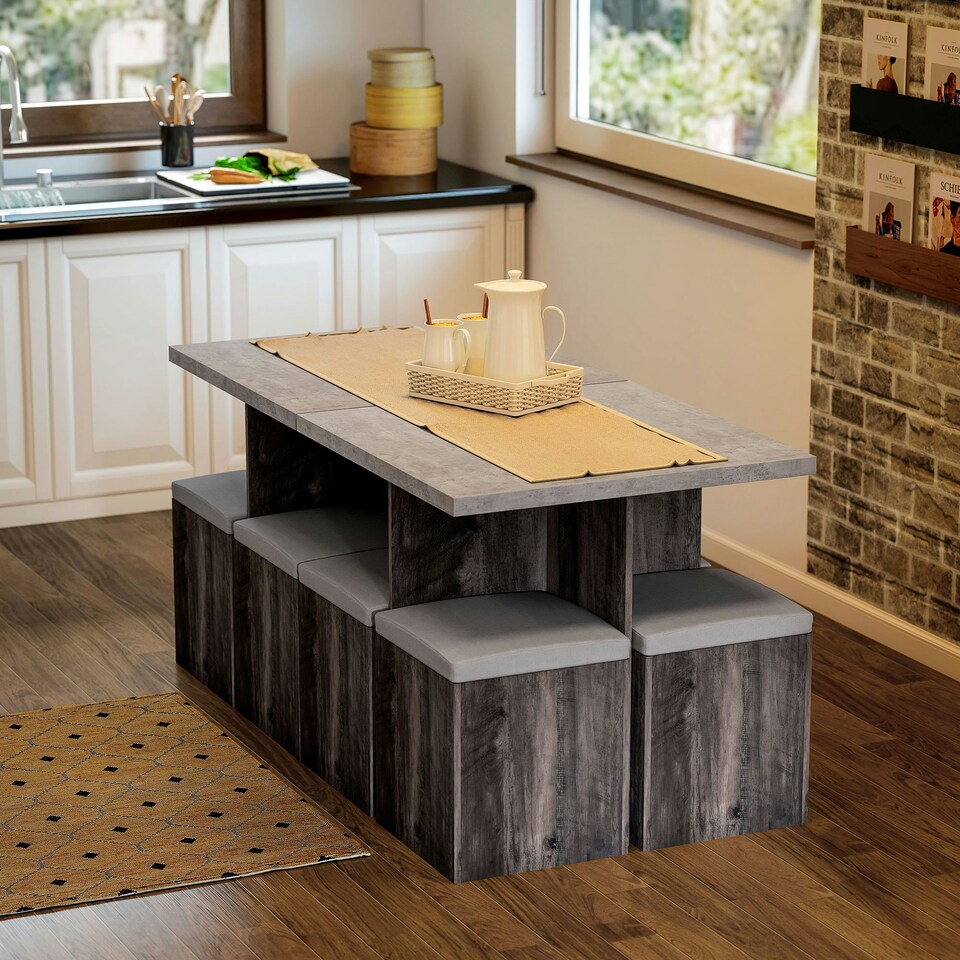 image 1 of HOMCOM Dining Table w/ 4 Ottomans Seats Kitchen Home Furniture Set Modern Style