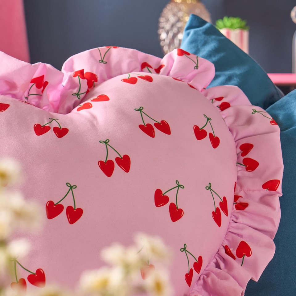 image 1 of OHS Heart Shaped Frill Scatter Cushion Throw Pillow | Multi | Pink Cherry