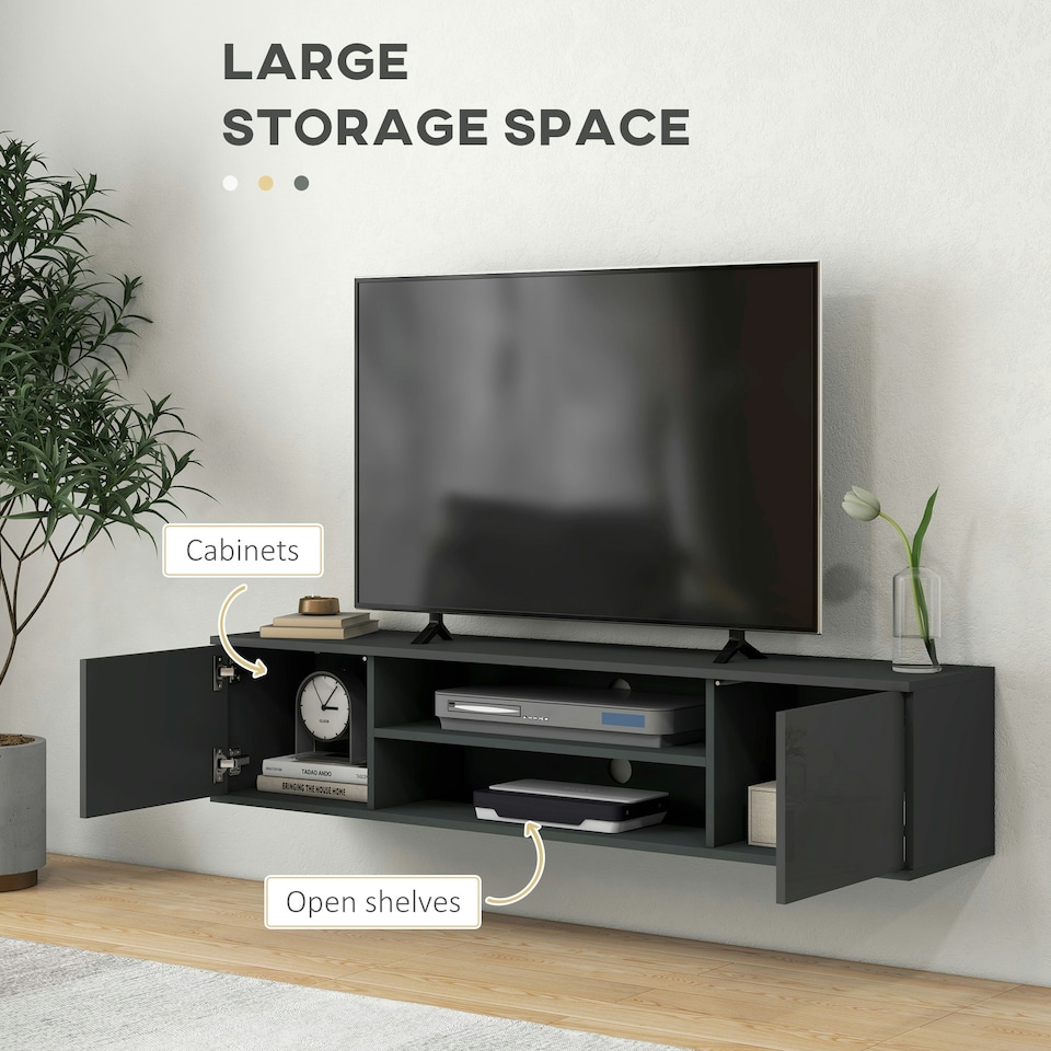 image 1 of HOMCOM Floating TV Unit for 60" TVs W/ Shelves and Cabinets, Grey
