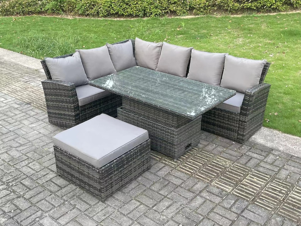 image 1 of Fimous 7 Seater Outdoor Rattan High Back Adjustable Rising Lifting Dining Table Corner Sofa Set Garden Furniture Dark Grey Mixed Left Hand
