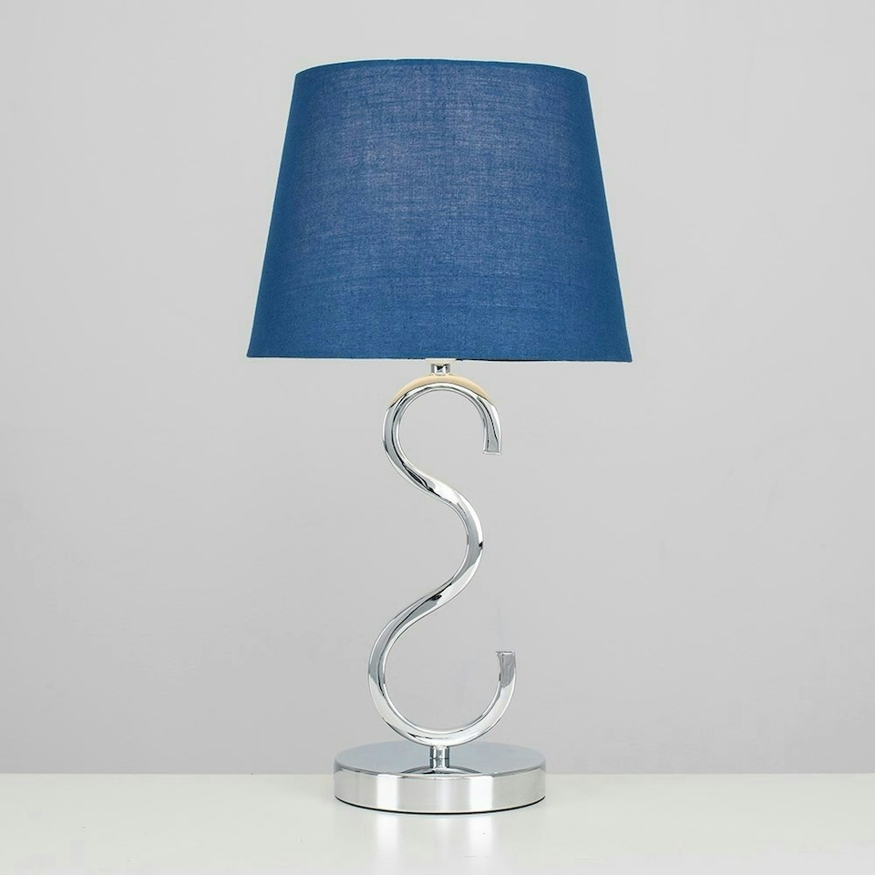 image 1 of ValueLights Cabonna Dimmable Polished Silver Table Lamp with Small Blue Tapered Shade and E14 Candle LED 5W Warm White 3000K Bulb Blue