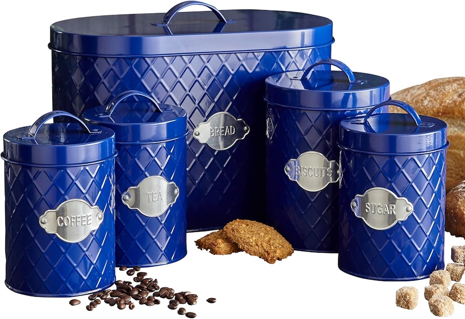 image 1 of Neo Retro Inspired Matt & Copper 5 Piece Kitchen Canister Set Navy