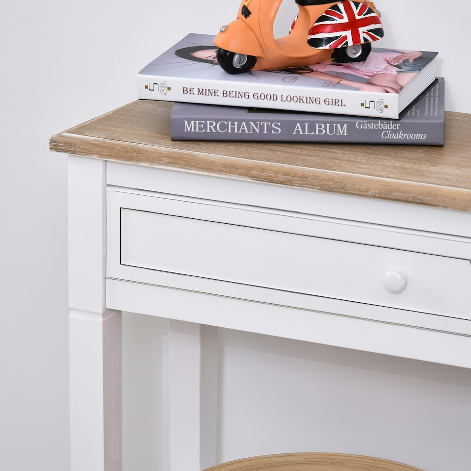 image 1 of HOMCOM 80x75cm Console Table w/ Drawer 2 Shelves Worktop Handle Retro White White | White