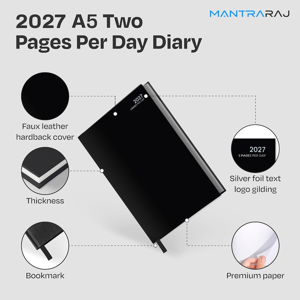 image 1 of MantraRaj 2027 Diary A5 2 Pages A Day Diary Hardback Year Planner Office Desk Diary (Black)