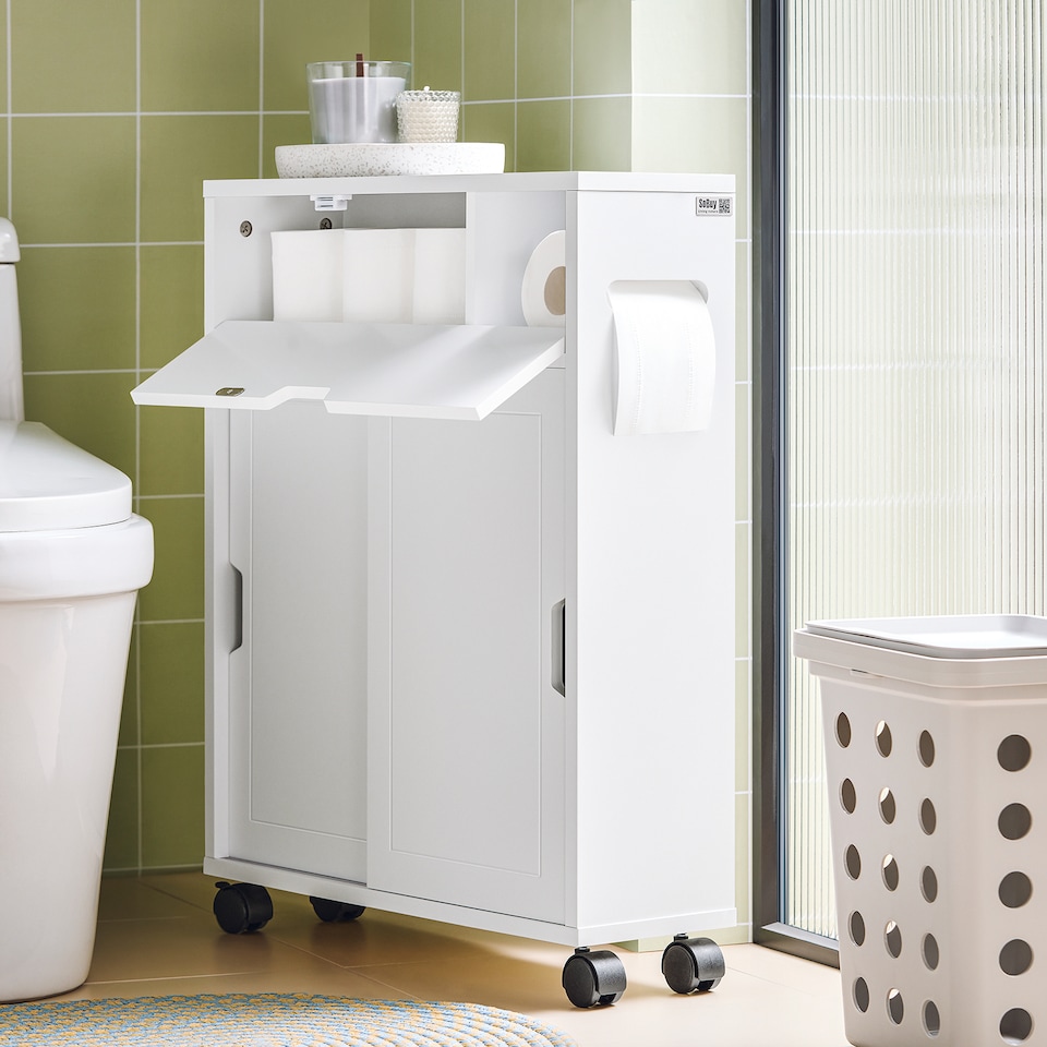 image 1 of SoBuy BZR31-W,Slim Bathroom Cabinet on Wheels with Sliding Doors | White | White | 1
