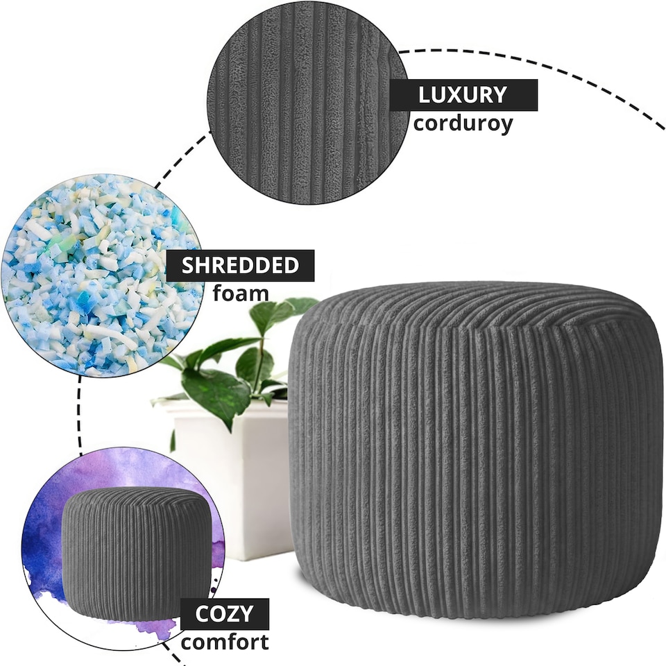 image 1 of Charcoal Jumbo Cord Footstool Oval Pouffe, Corduroy Ottoman Bean Bags 40cm x 35cm