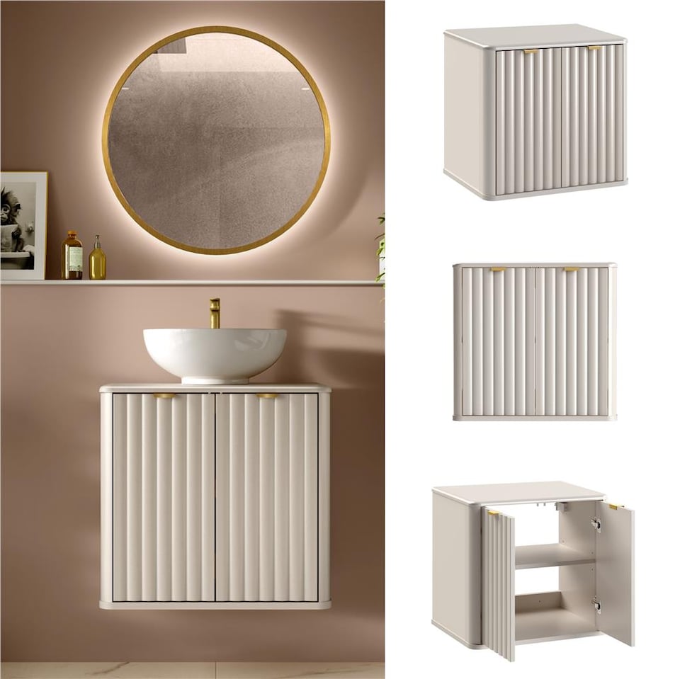 image 1 of Under Sink Bathroom Cabinet Beige Vanity Unit 600mm Worktop Fluted Ribbed Oren