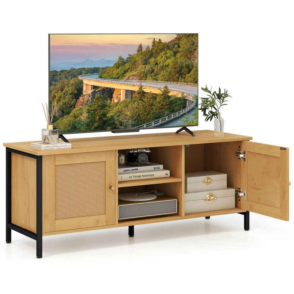 COSTWAY Boho TV Stand for 55 Inches Entertainment Center Yellow Yellow