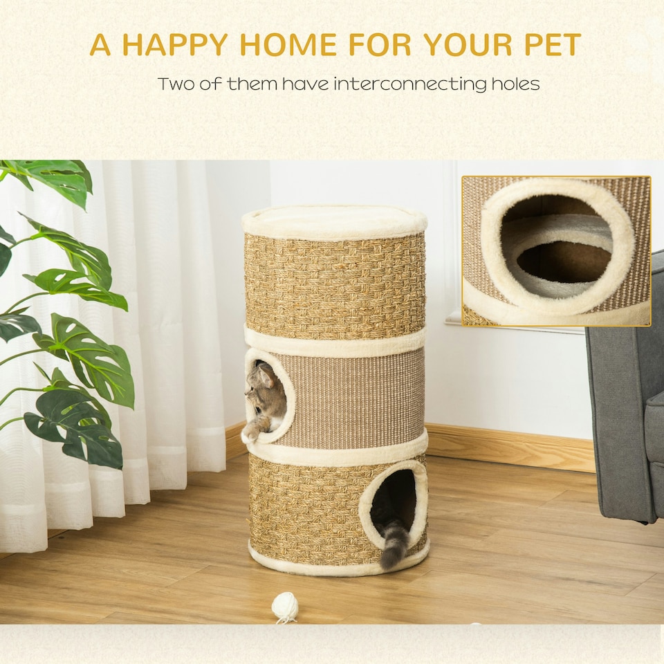 image 1 of PawHut Cat Scratching Barrel Pet Furniture Sisal Plushfor Indoor Cats, Khaki