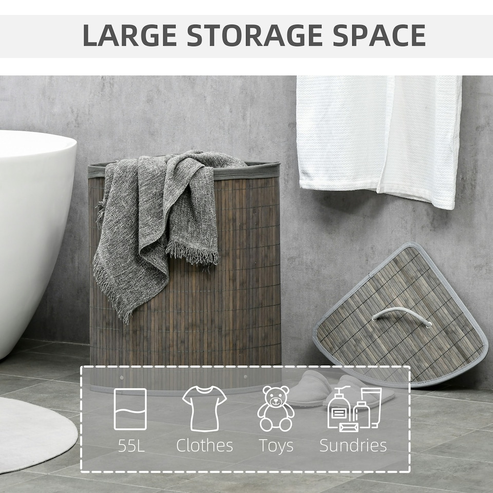 image 1 of HOMCOM 55L Bamboo Corner Laundry Hamper Bamboo Laundry Basket 38x38x57cm Grey