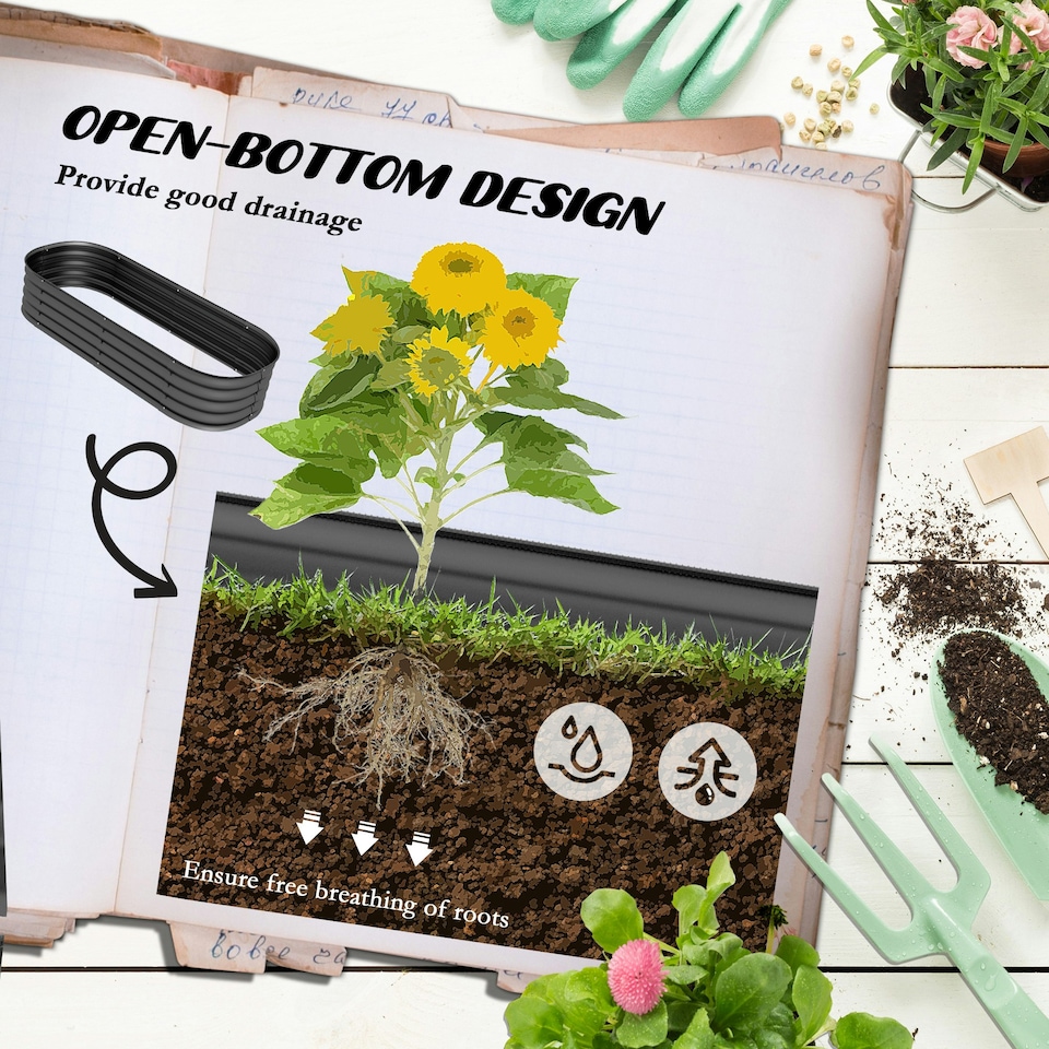 image 1 of Outsunny Galvanised Raised Garden Bed Planter Box with Safety Edging, Dark Grey