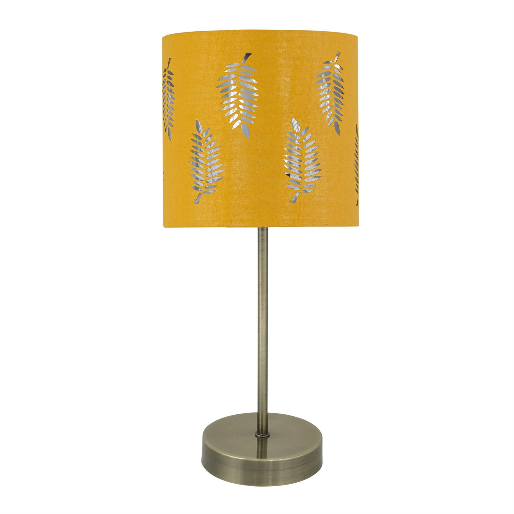 First Choice Lighting Antique Brass Stick Table Lamp with Ochre Cut Out Shade in Bronze
