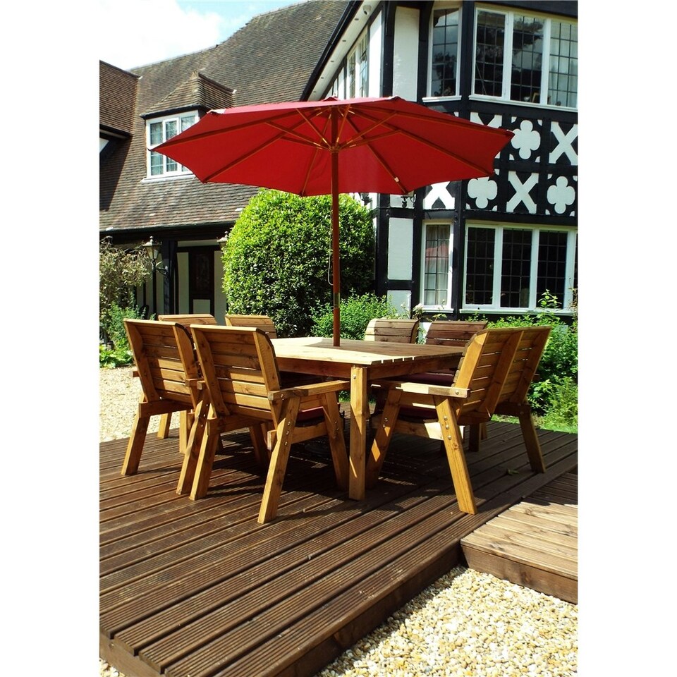 image 1 of Traditional Eight Seater Table Set with 6 x Chair Cushion, 1 x Bench Cushion, 1 x Burgundy Parasol & Base & Cushion Storage Bag