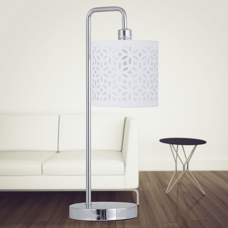 image 1 of Set of 2 Chrome Arched Table Lamps with White Laser Cut Shades | Chrome | White | Large | 2