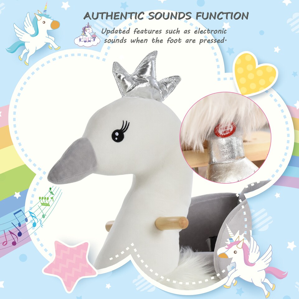 image 1 of HOMCOM Cute Kids Ride-On Rocking Swan with Sound Seat Belt Plush Body