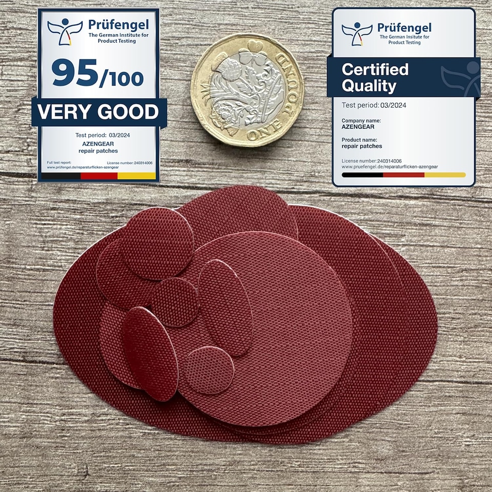 image 1 of aZengear Repair Patches for Jackets, Tent, Shoe, Gear - Waterproof, Self-Adhesive, Tear-Cold-Heat-Resistant (11 Pieces, Burgundy)